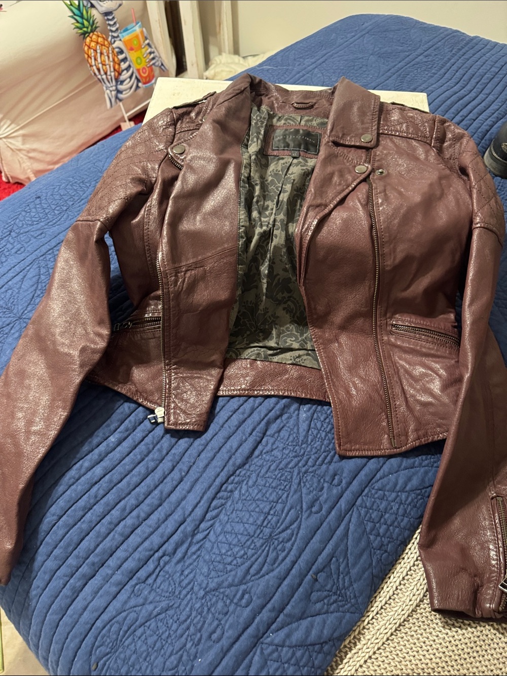 Women's Leather Moto Jacket - Burgundy xs